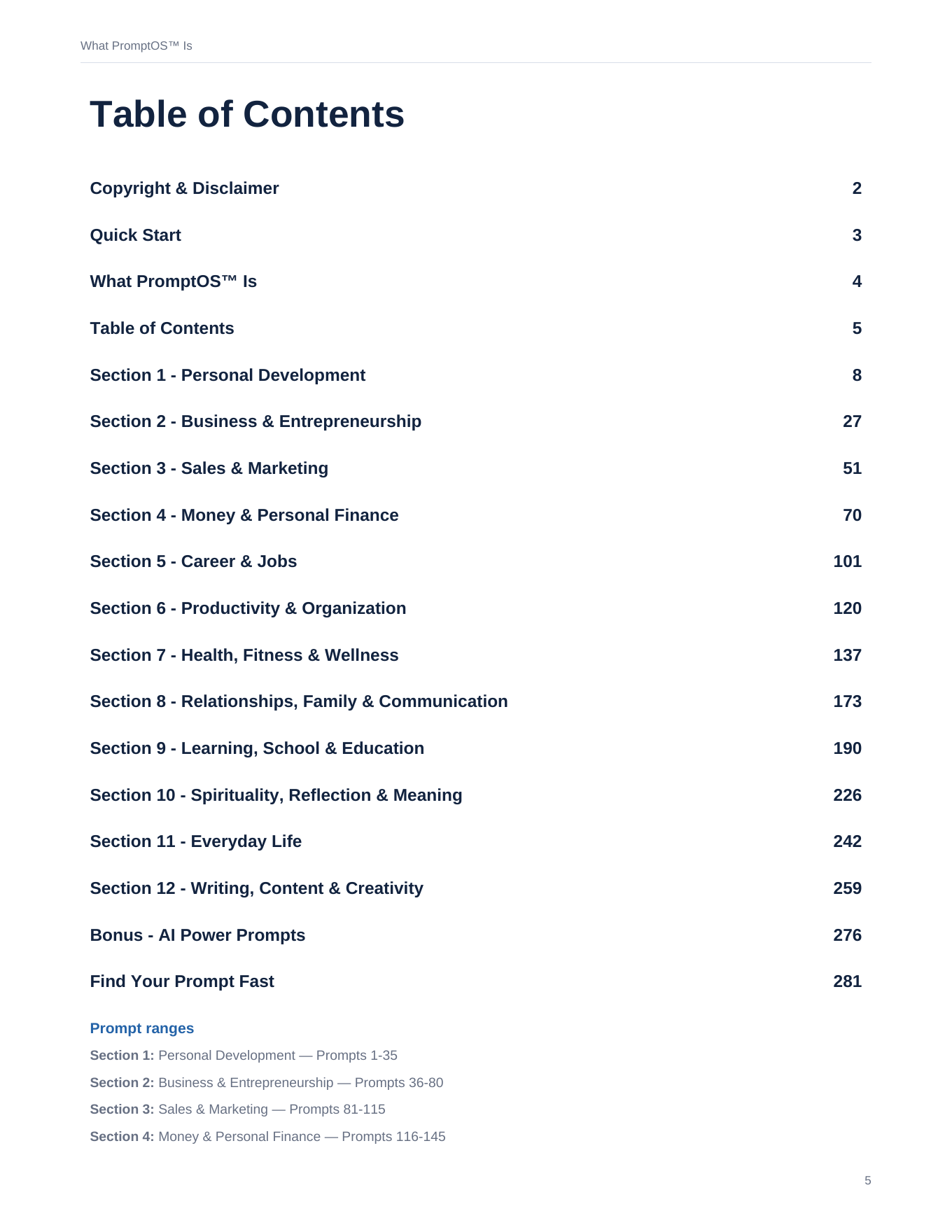 PromptOS table of contents page